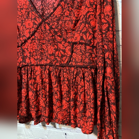 Knox Rose Red Floral Print Long Boho Sleeve Peplum Blouse Top Size L 006 - Picture 3 of 4